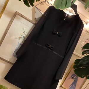 tailored dress w/ long sheer sleeves Zip up back & back of skirt pleating detail